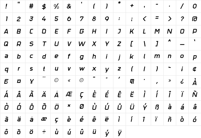 Trak SemiBold Italic Character Map