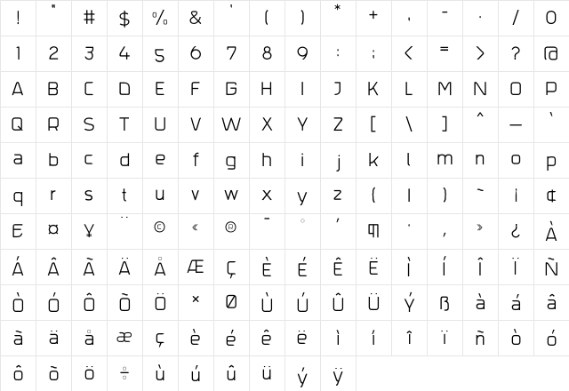 Trak Thin Character Map
