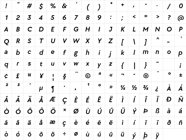 TT Chocolates Trl DemiBold Italic Character Map