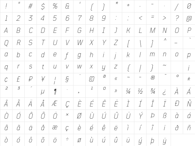 TT Mussels Trl ExtraLight Italic Character Map
