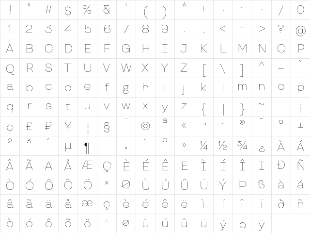 TT Travels Trl Thin Character Map