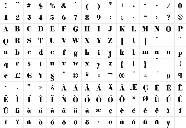 BodoniSerial-Xbold Regular Character Map BodoniSerial-Xbold Regular Character Map