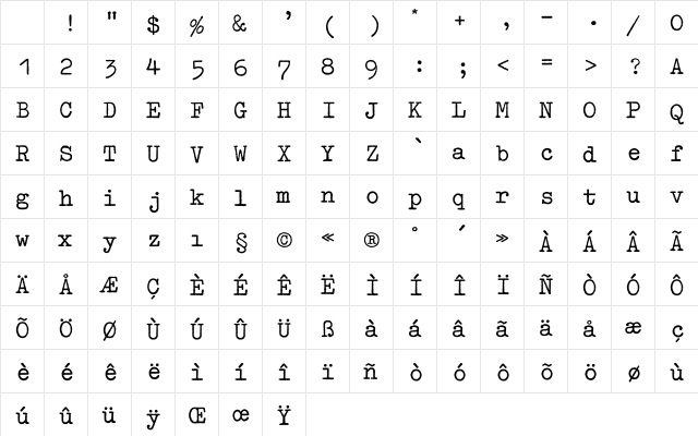 Typewriter Bold Character Map