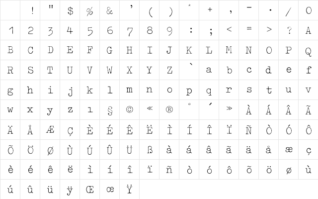 Typewriter ExtraLight Character Map