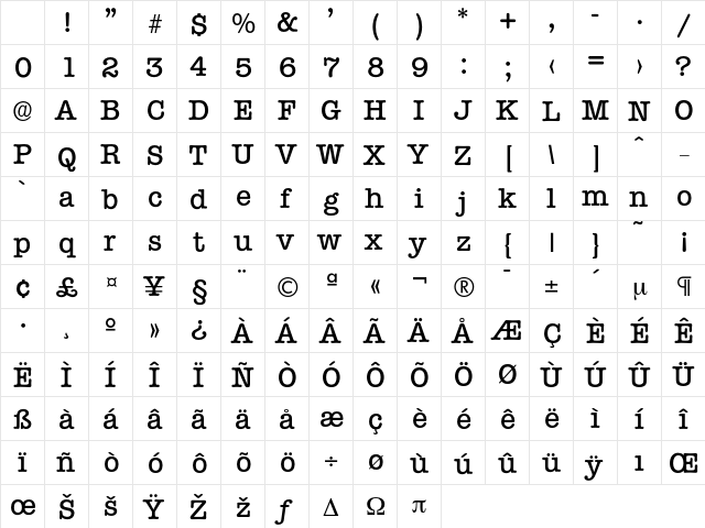 Typewriter-Medium Regular Character Map