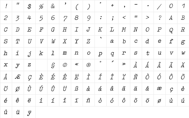 Typewriter Oblique Character Map