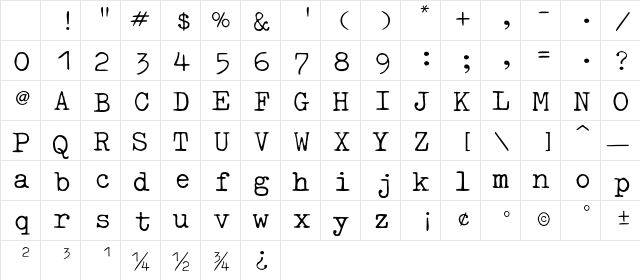TypewriterType Regular Character Map