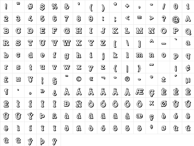 TypoSlab Irregular Shadowed Demo Regular Character Map