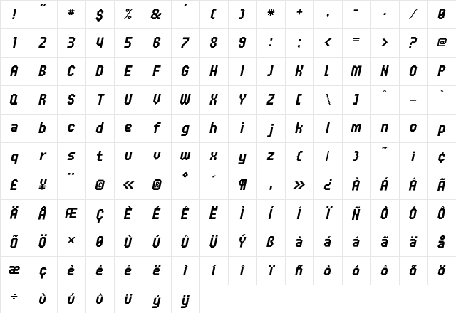 UNDA BitmapItalic Character Map