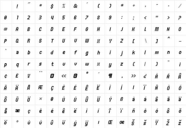 UNDA OutlineItalic Character Map UNDA OutlineItalic Character Map