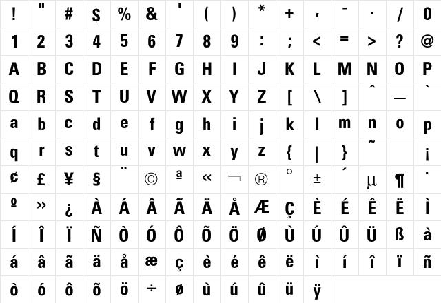 Uniform CondBold Character Map