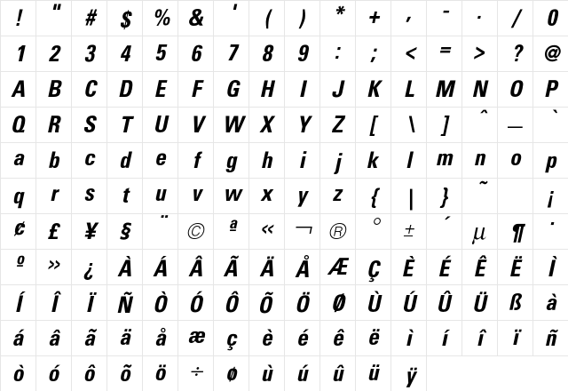 Uniform CondBoldOblique Character Map Uniform CondBoldOblique Character Map