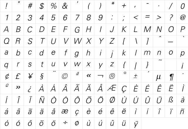 Uniform LightOblique Character Map