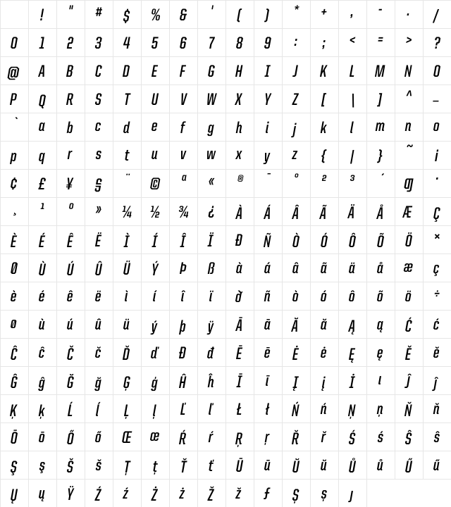 United Italic Cond Bold Character Map