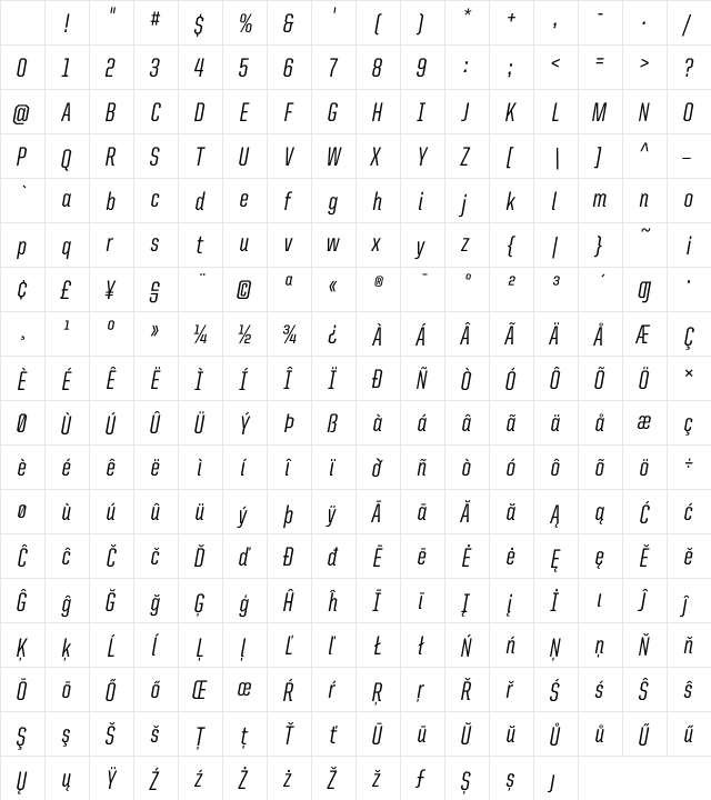 United Italic Cond Medium Character Map
