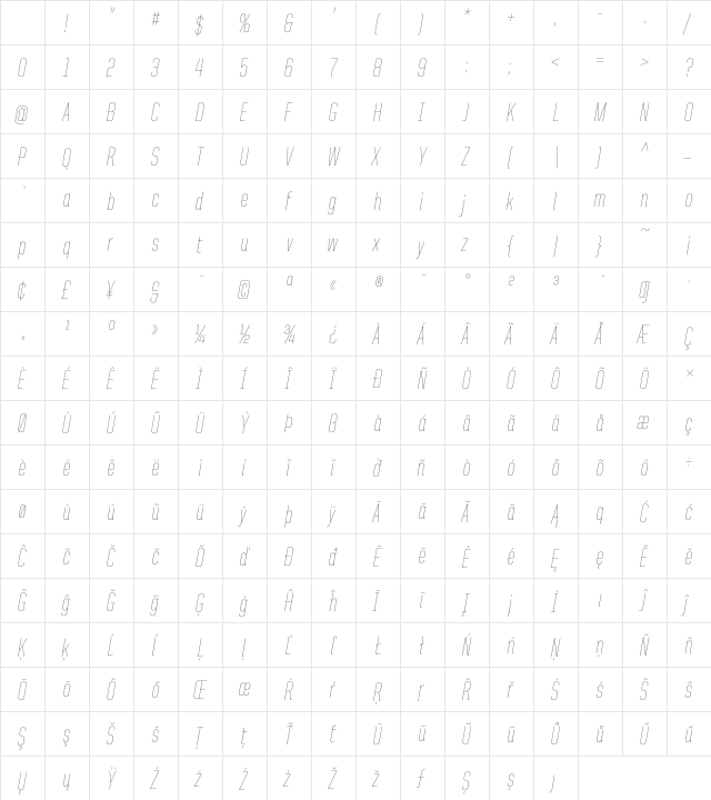 United Italic Cond Thin Character Map