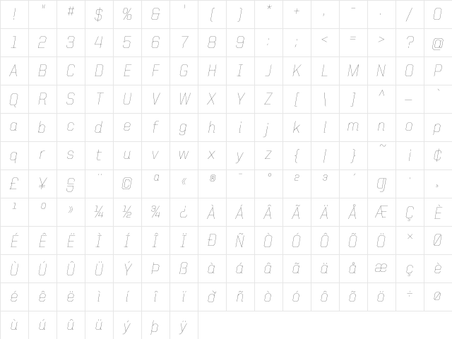 United Italic Reg Thin Character Map