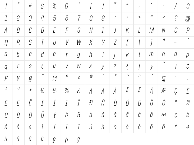 United Italic SemiCond Light Character Map