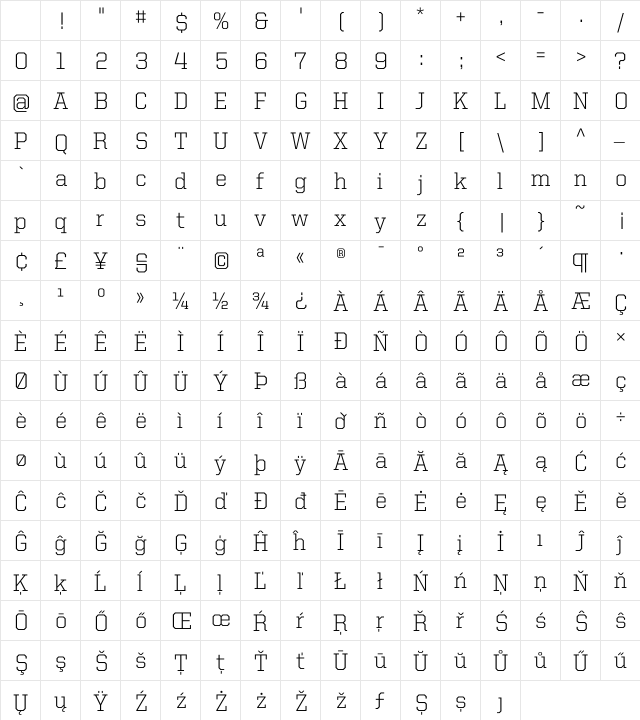 United Serif Reg Light Character Map