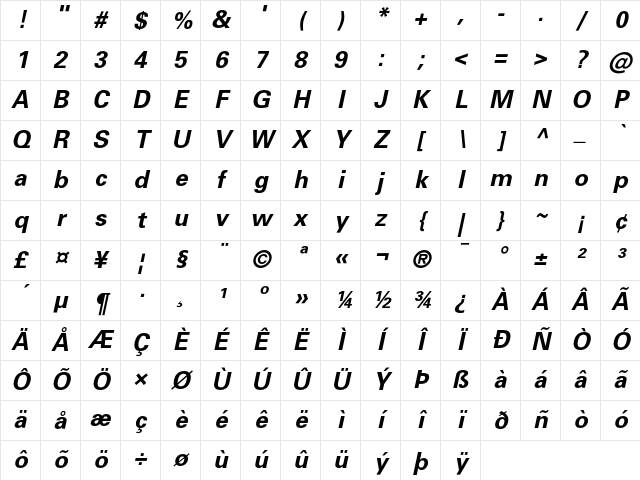 Univers 65 Bold Oblique Character Map