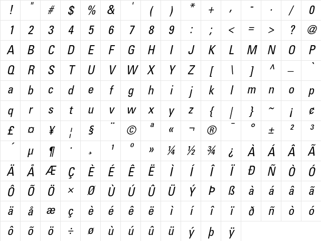 Univers 57 Condensed Oblique Character Map