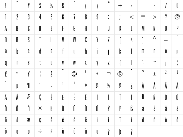 Univers 49 Light Ultra Condensed Character Map