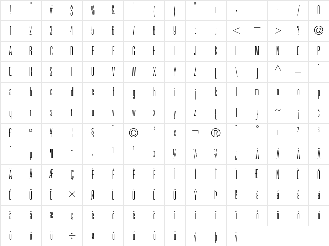 Univers 39 Thin Ultra Condensed Character Map
