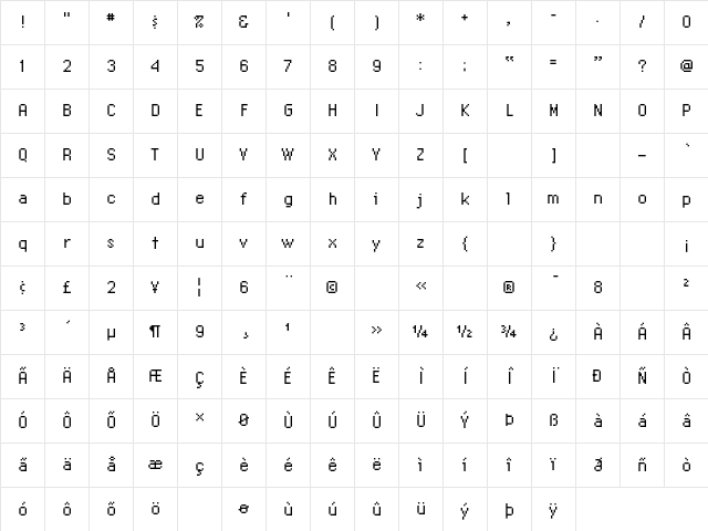 UniversalEight Regular Character Map
