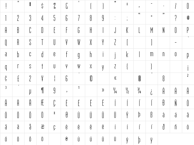 UniversalNineTeen Regular Character Map