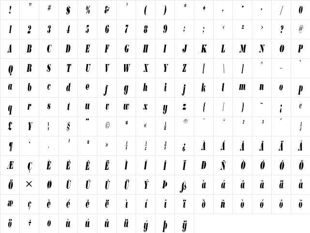 BodoniUltraFLFCond Medium Italic Character Map BodoniUltraFLFCond Medium Italic Character Map