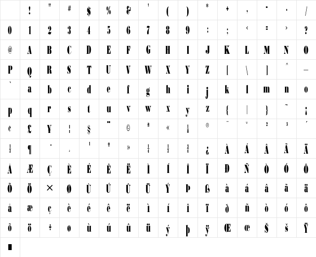 BodoniUltraFLFCond Regular Character Map BodoniUltraFLFCond Regular Character Map
