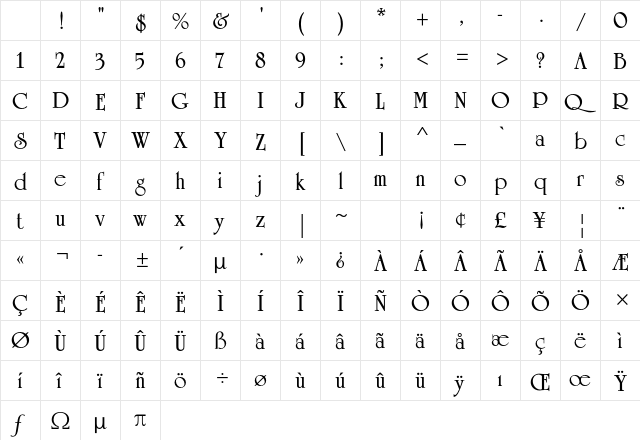 University Roman Std Bold Character Map