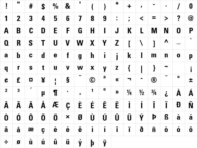 Univers LT Std 67 Bold Condensed Character Map