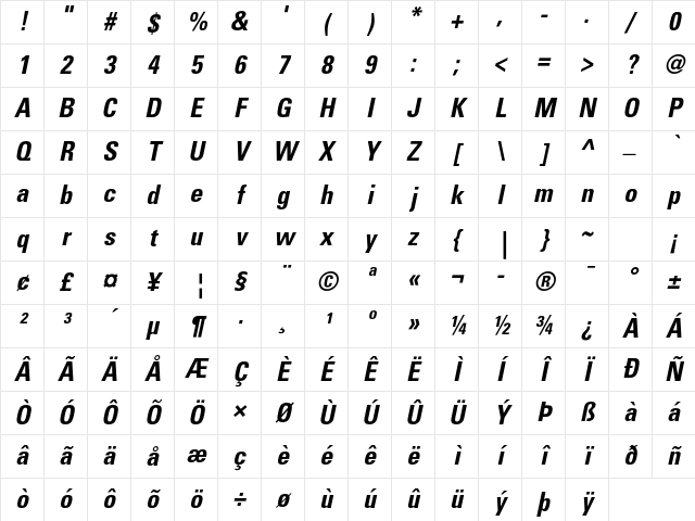 Univers LT Std 67 Bold Condensed Oblique Character Map