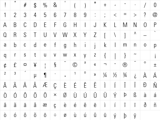 Univers LT Std 47 Light Condensed Character Map