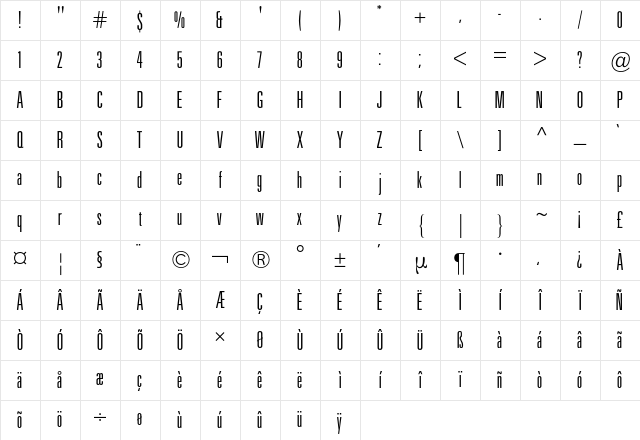 Univers Ultra Condensed BQ Regular Character Map Univers Ultra Condensed BQ Regular Character Map
