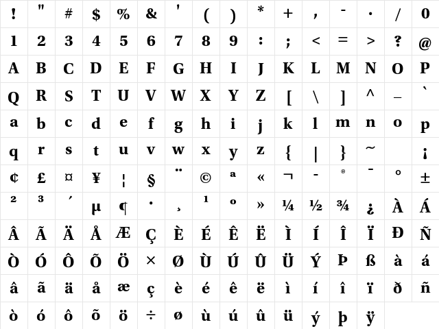Utopia Std Bold Character Map