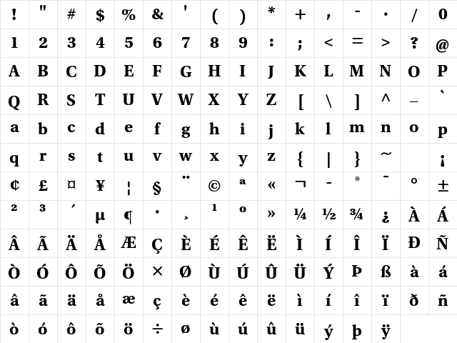 Utopia Std Bold Caption Character Map