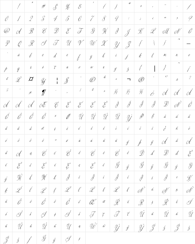 Valentine Pro Light Italic Character Map Valentine Pro Light Italic Character Map