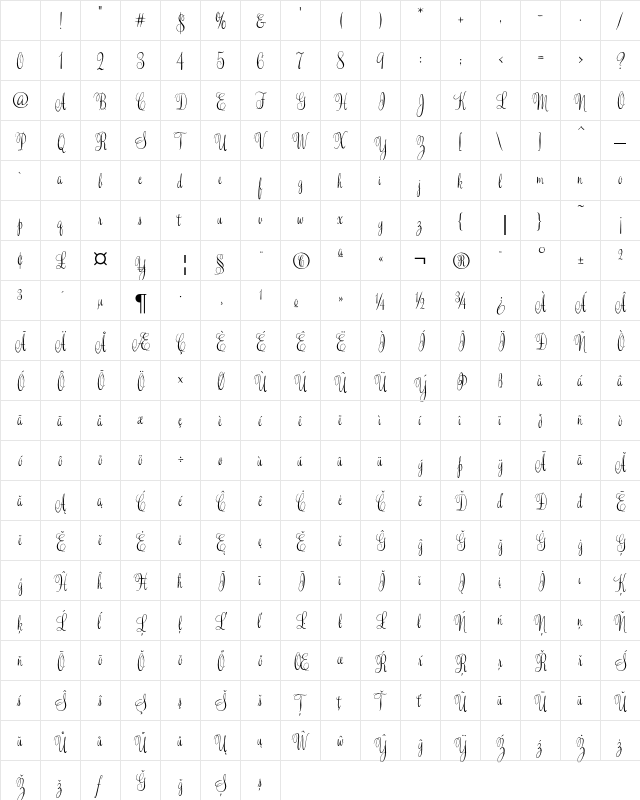 Valentine Pro Medium Character Map