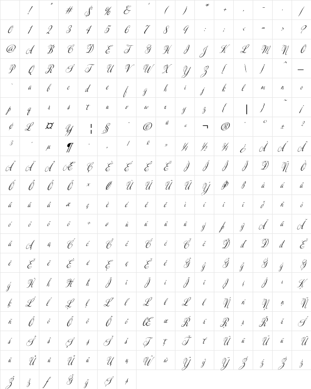 Valentine Pro Medium Italic Character Map