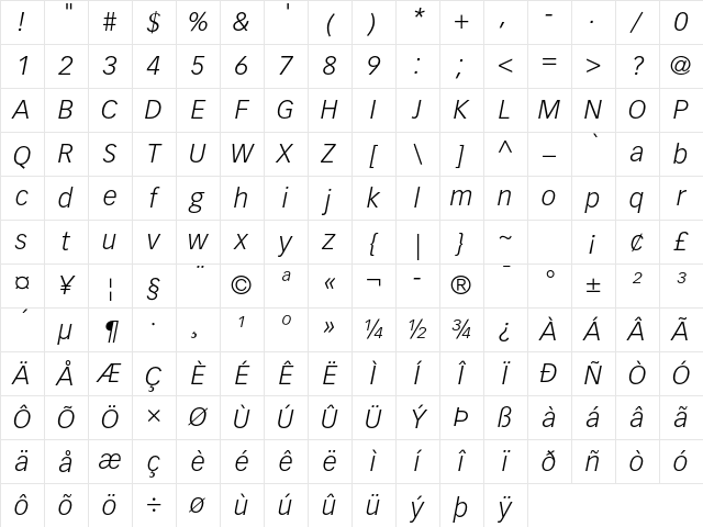 Vectora LT Std 46 Light Italic Character Map