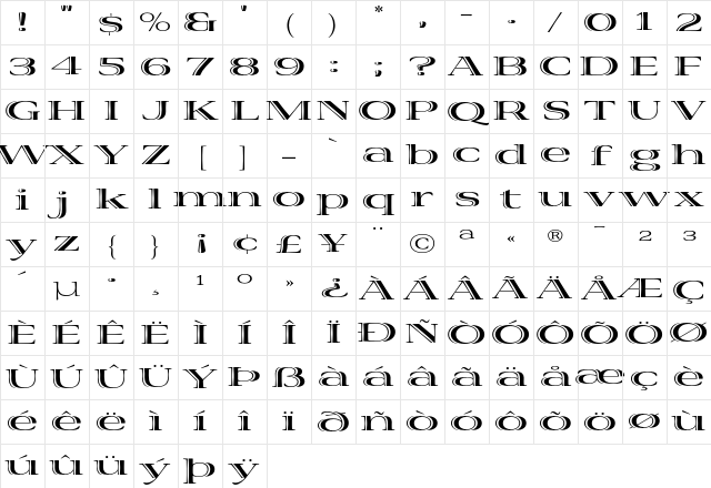 Viva Bold Extra Extended Character Map