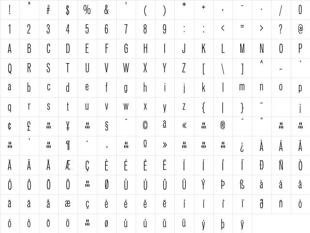 Vonnes ThinCompressed Character Map