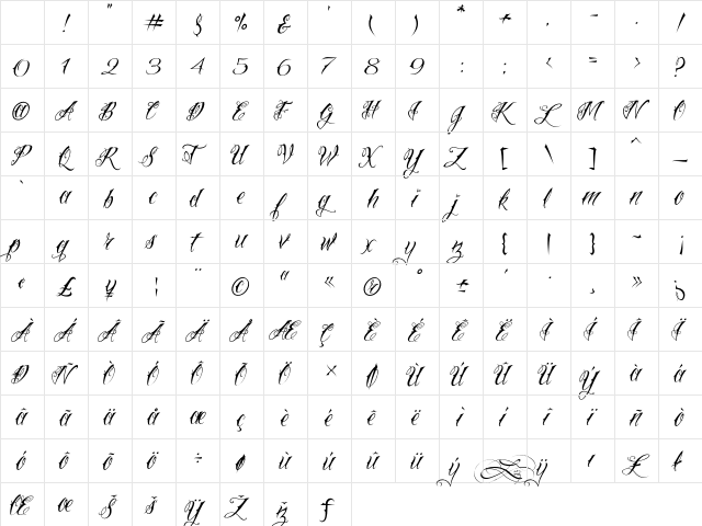 Vtc-NueTattooScript Regular Character Map