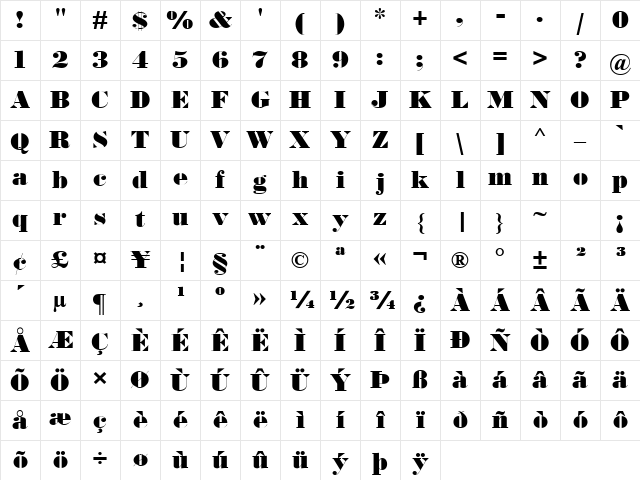 Bodoni MT Ultra Bold Regular Character Map