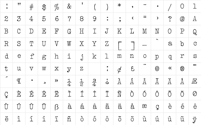 VTypewriter Underwood Character Map