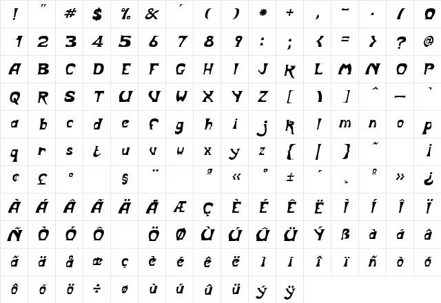 BodyShop Oblique Character Map
