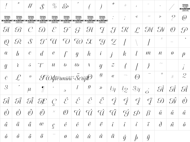 Watermint Script PERSONAL USE Regular Character Map