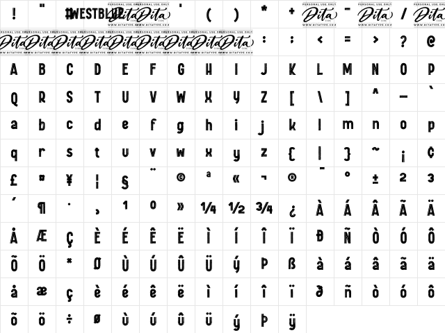 Westblue Personal Use Regular Character Map Westblue Personal Use Regular Character Map